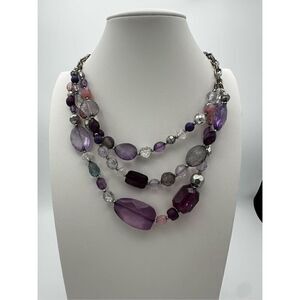 Vintage Beaded 3 layered necklace, purple, pink clear, silver toned, collar leng